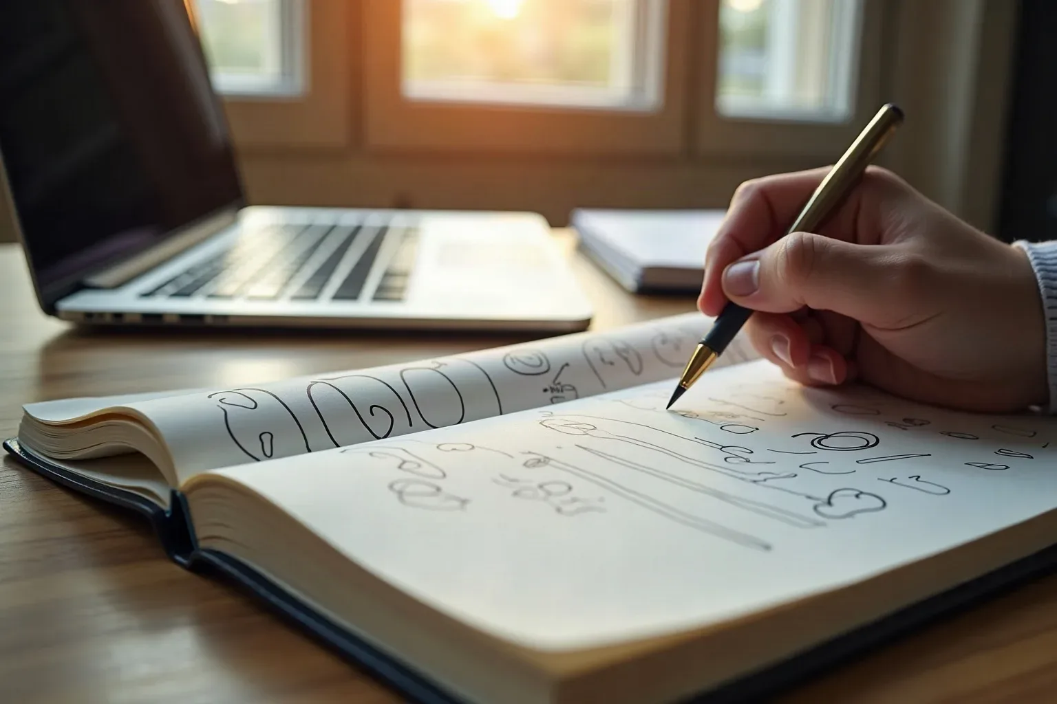 A person's hand holds a pen over an open lay-flat notebook covered in abstract curved lines and circled shapes, beside a laptop on a wooden desk in warm morning light
