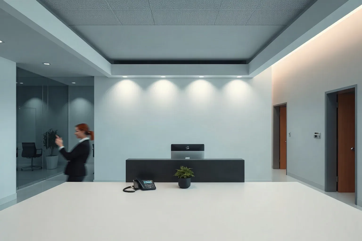 A clean reception desk in a professional office