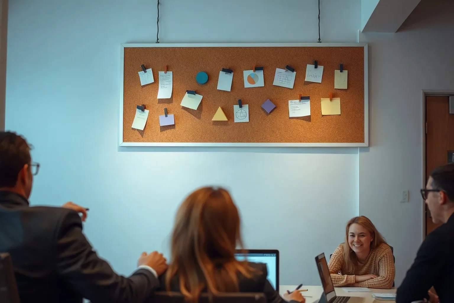 A cork board mounted above a desk