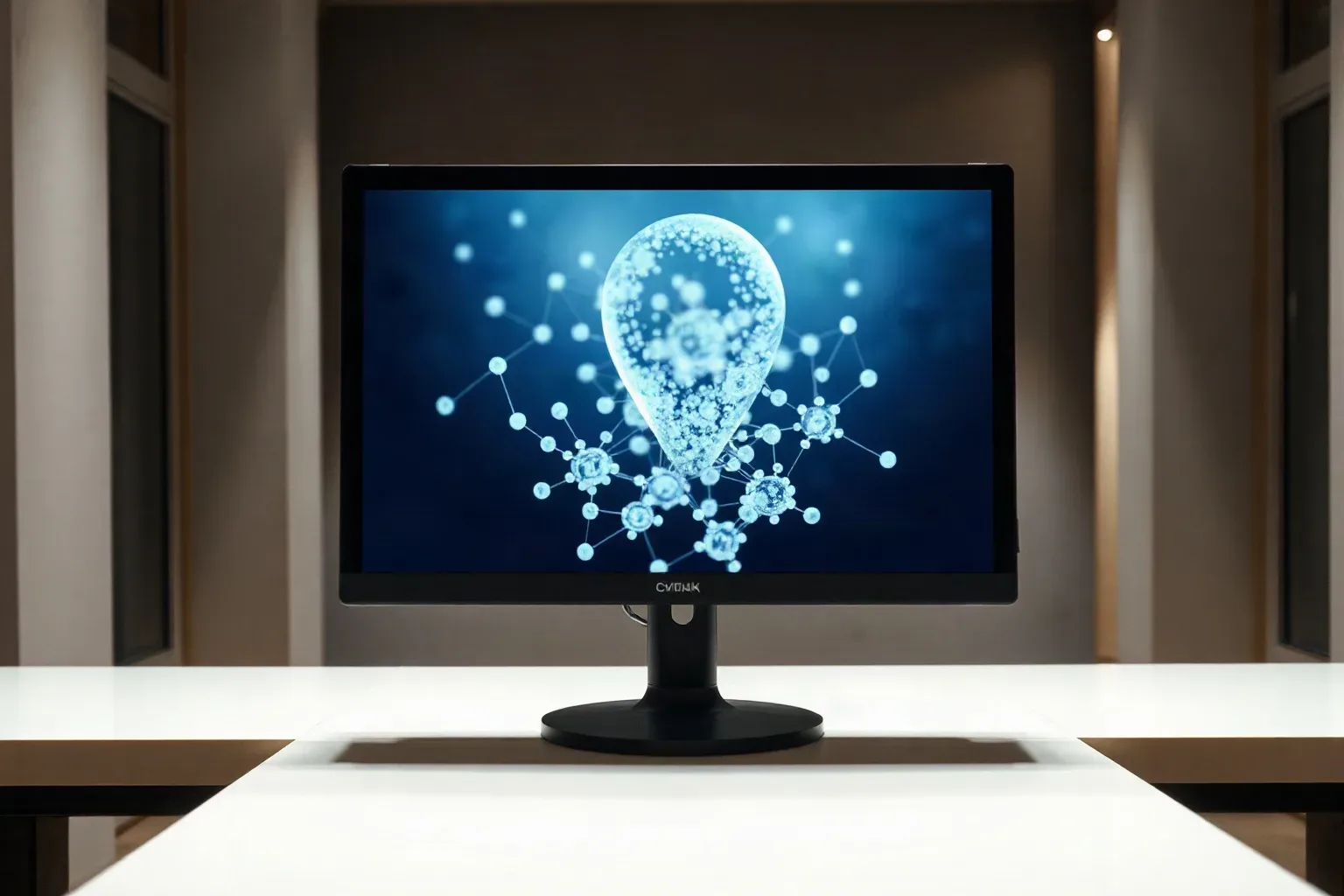 Monitor displaying an abstract node-and-edge link graph