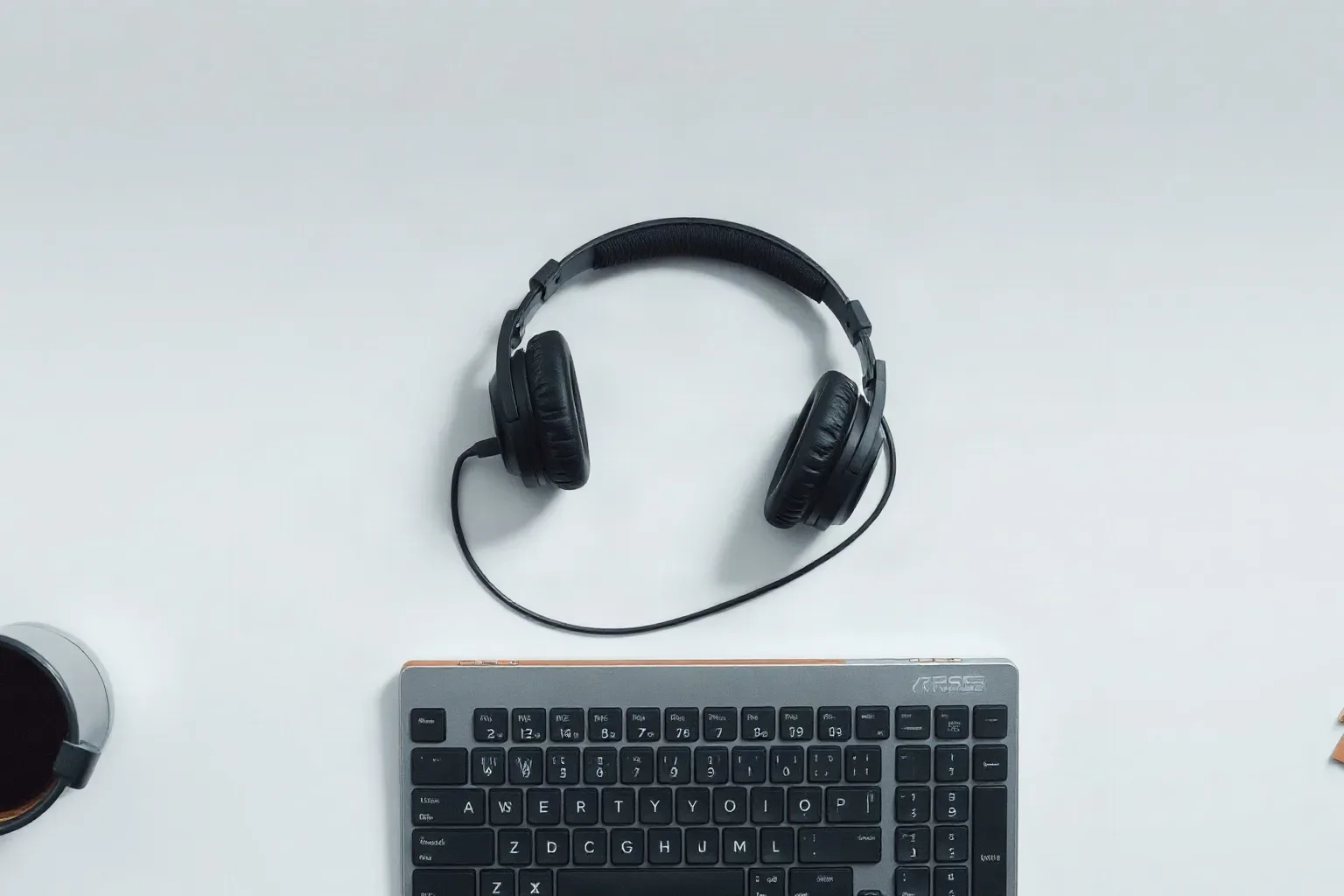 An over-ear headset resting on a desk beside a keyboard