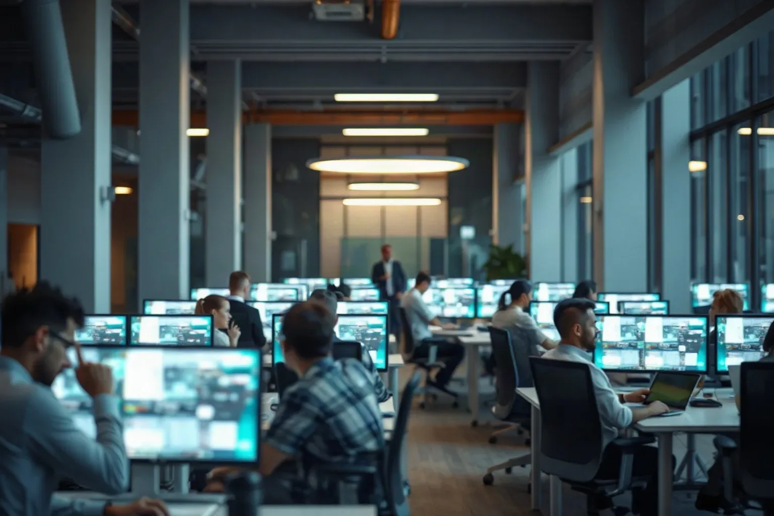 A cluster of desks in a SaaS-style open workspace