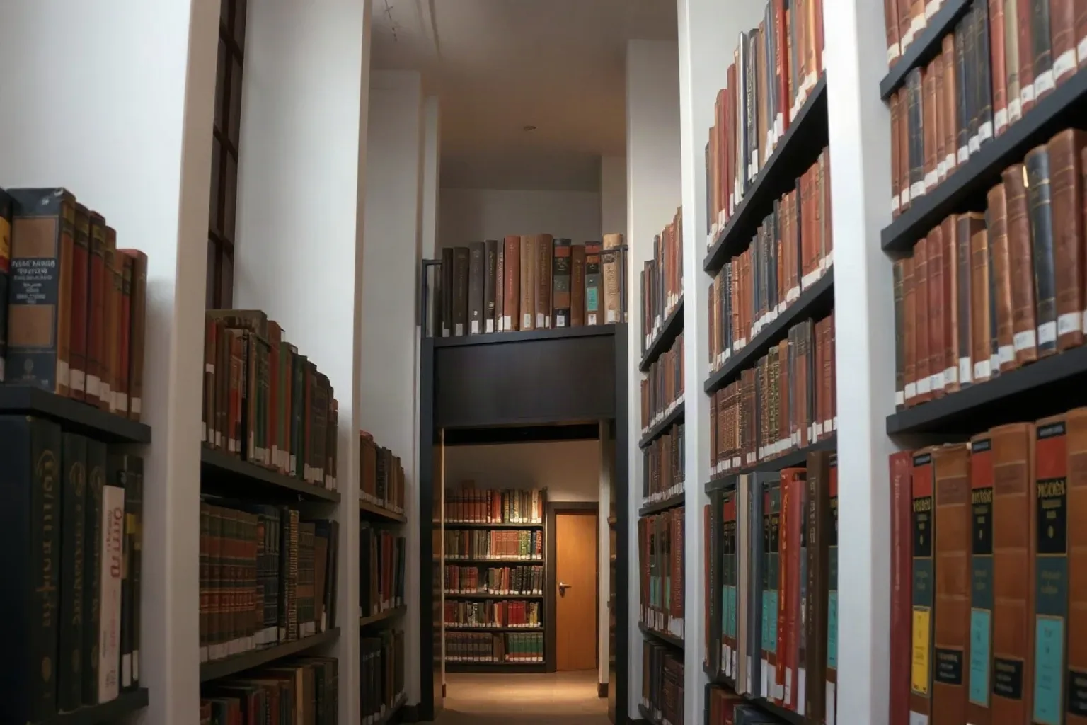 Volumes of bound reference works standing on dark timber shelving