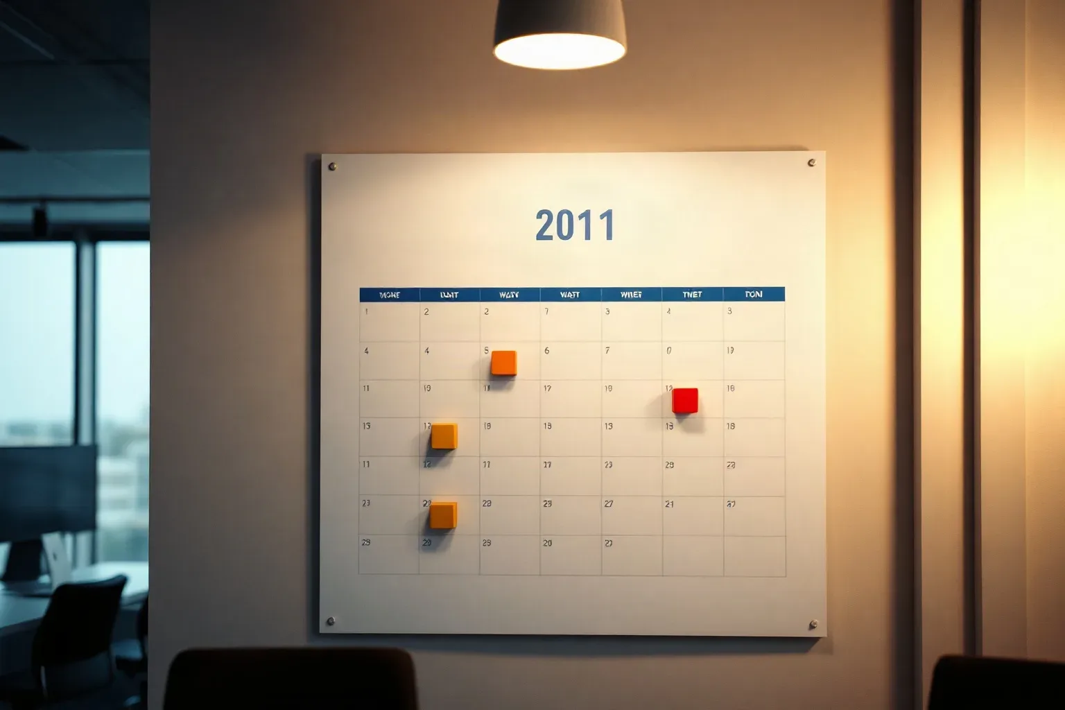 A large wall calendar marked with abstract coloured blocks and arrows across its grid