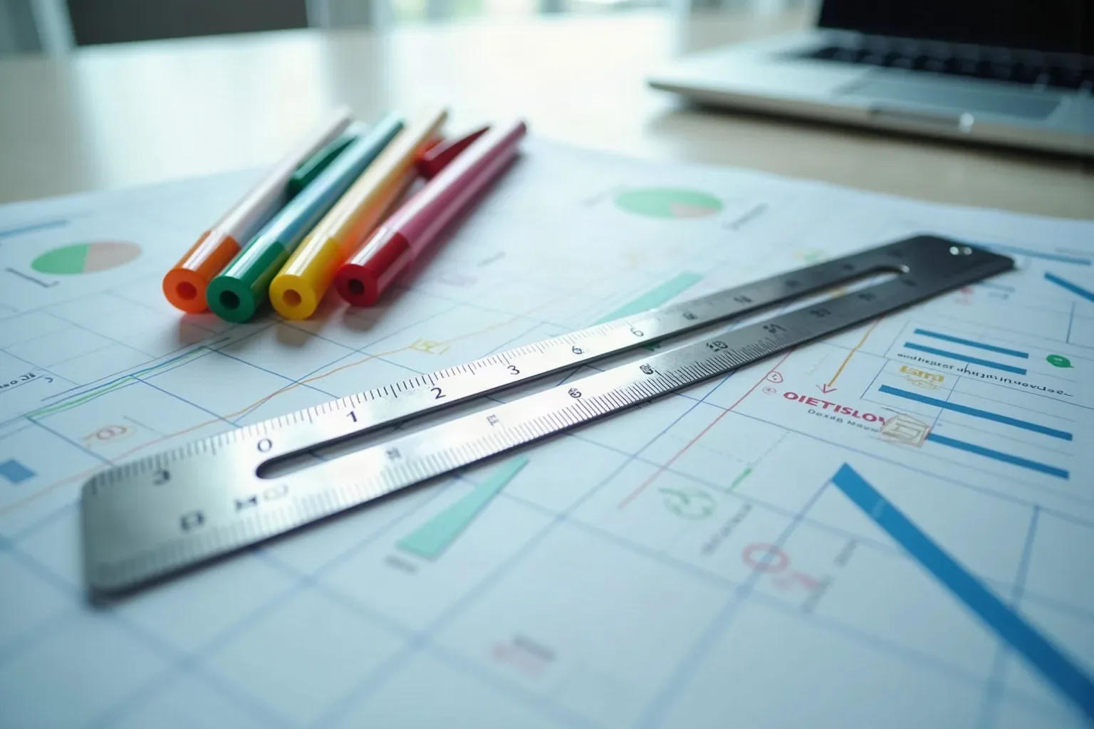 A metal ruler laid across printed charts and graphs beside a set of coloured marker pens on a desk, with a laptop visible in the background