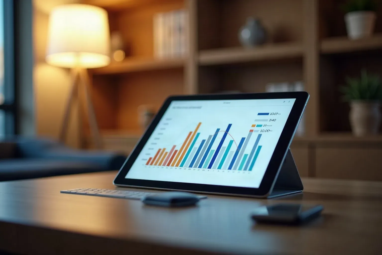 Tablet on a desk, its screen displaying abstract referring domain baseline figures comparing a new domain against an