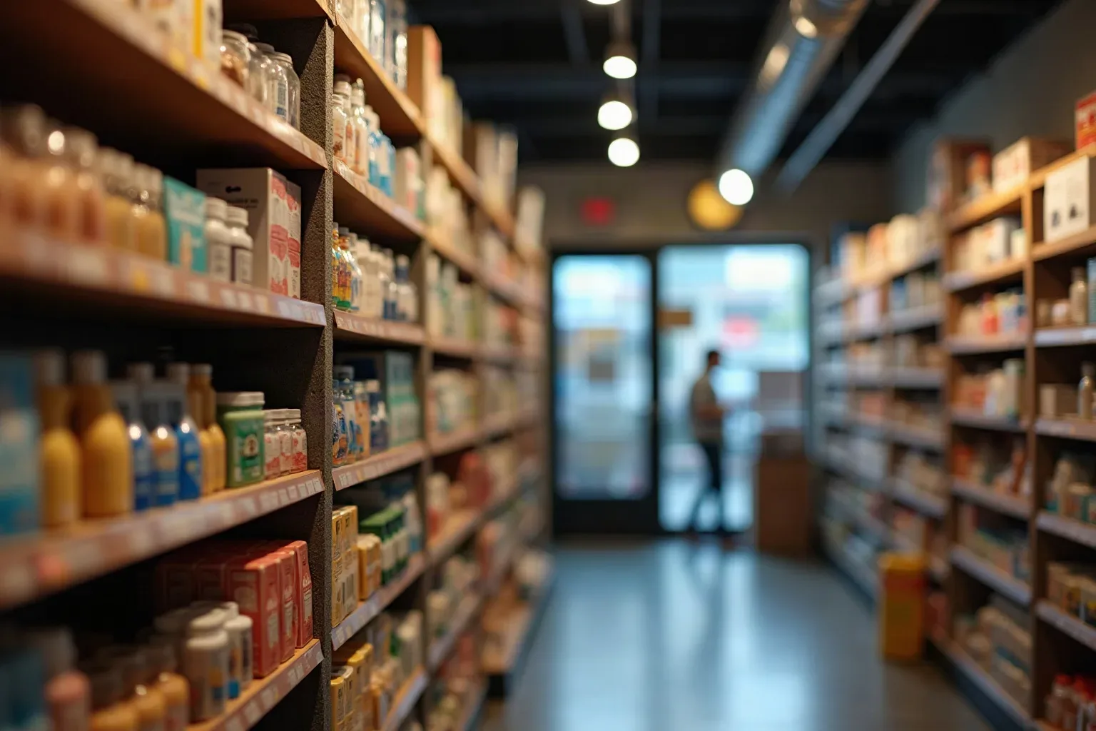 A retail shop aisle lined on both sides with fully stocked shelves of bottled and packaged goods, with a person visible in silhouette near the entrance in the background