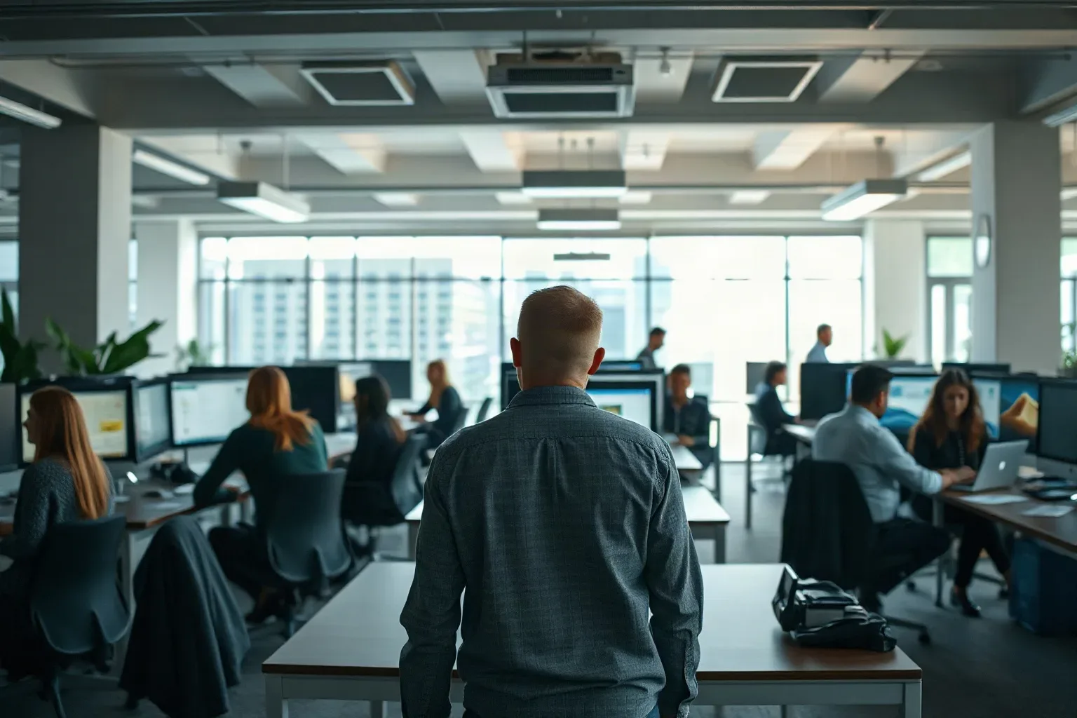 A cluster of desks in a busy agency workspace