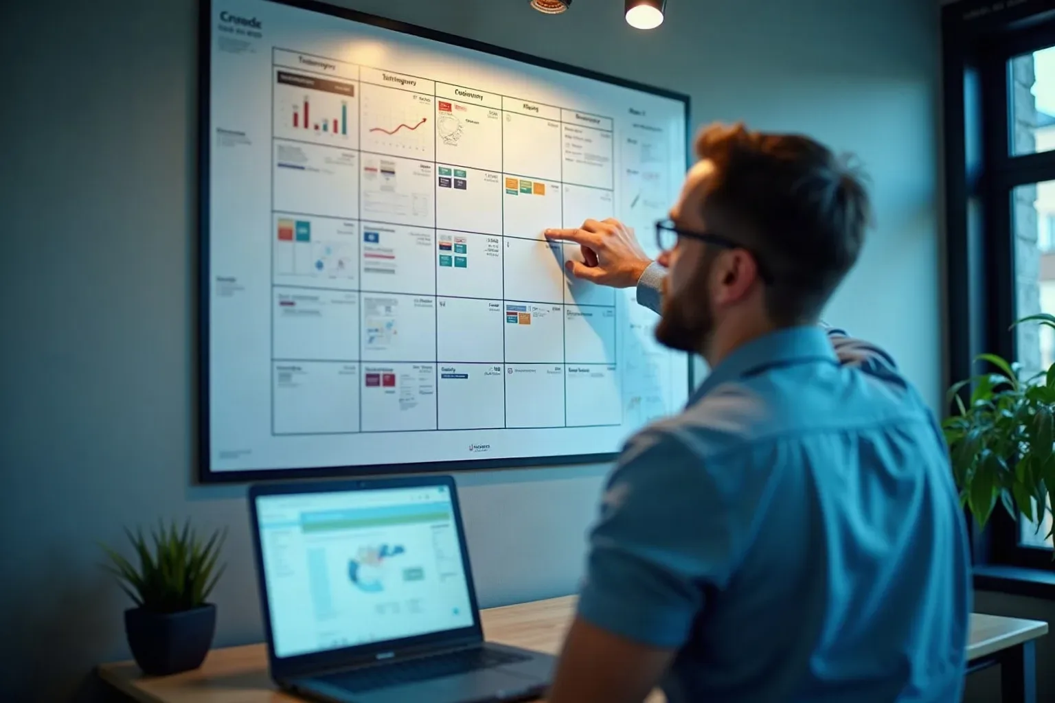 A person points at a large wall-mounted grid chart covered in coloured blocks and graphs, with an open laptop on the desk in front of them