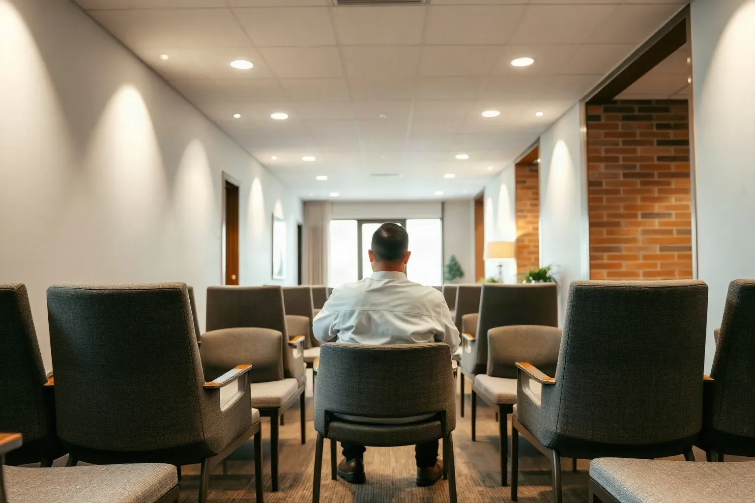 Upholstered waiting-room chairs in a professional service suite