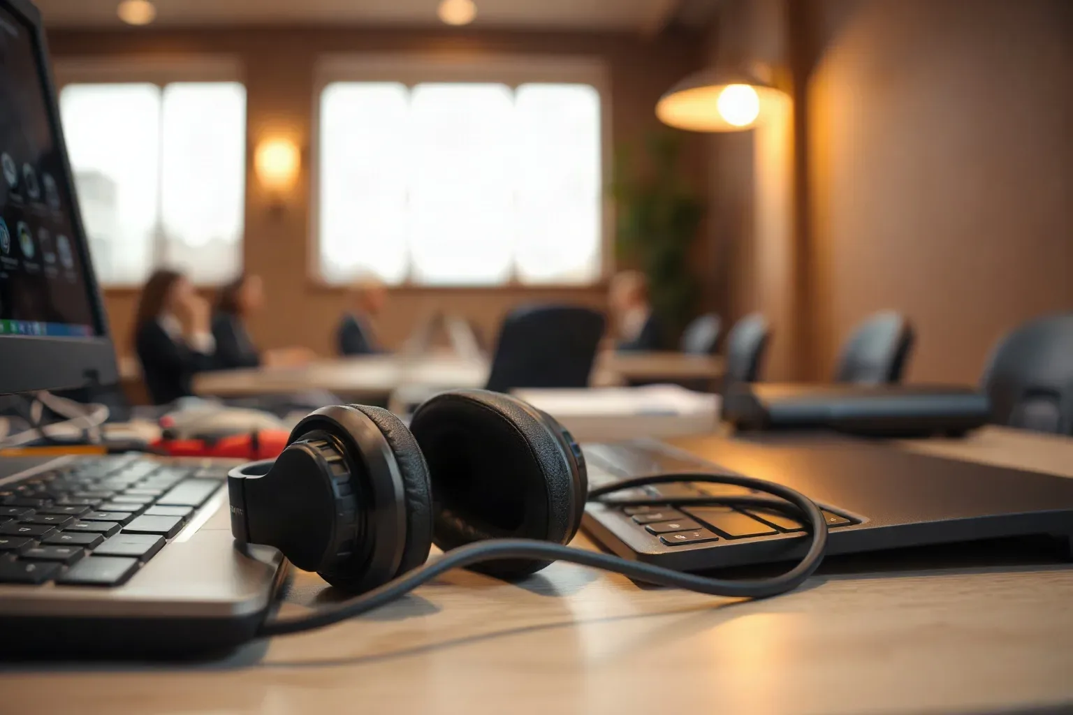 An over-ear headset resting on a desk beside a keyboard