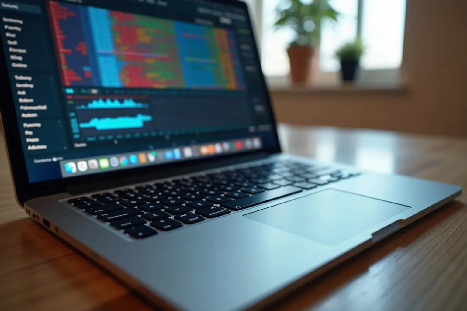 An open laptop on a wooden surface displays colourful data visualisations and charts on its screen
