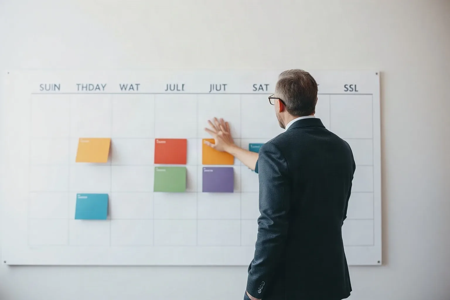 A large wall calendar marked with abstract coloured blocks and arrows