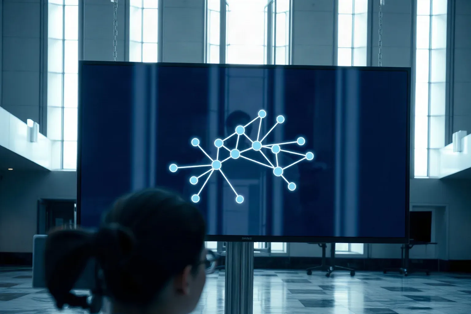 A wide monitor displaying an abstract node-and-edge link graph