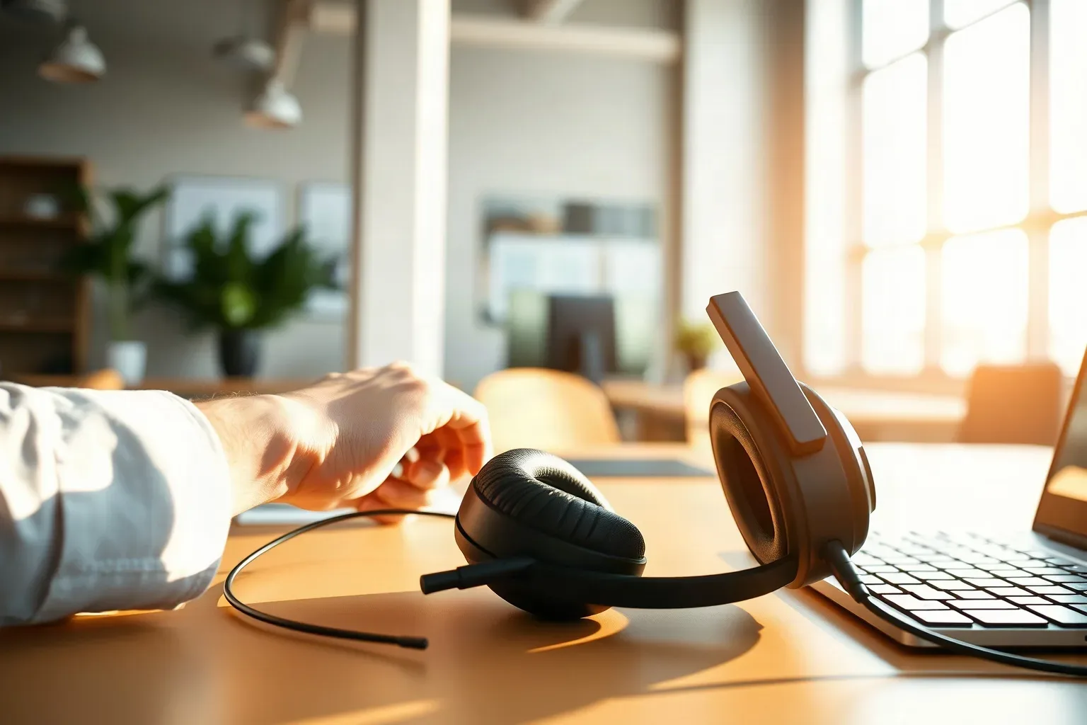 Over-ear headset resting on a desk beside a keyboard