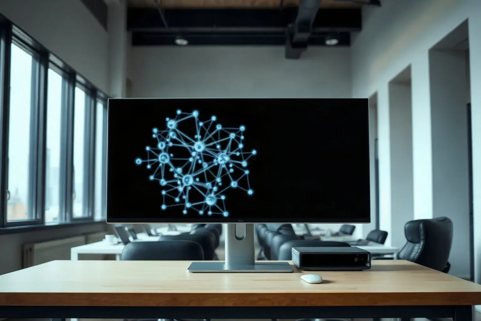 Monitor displaying an abstract node-and-edge link graph