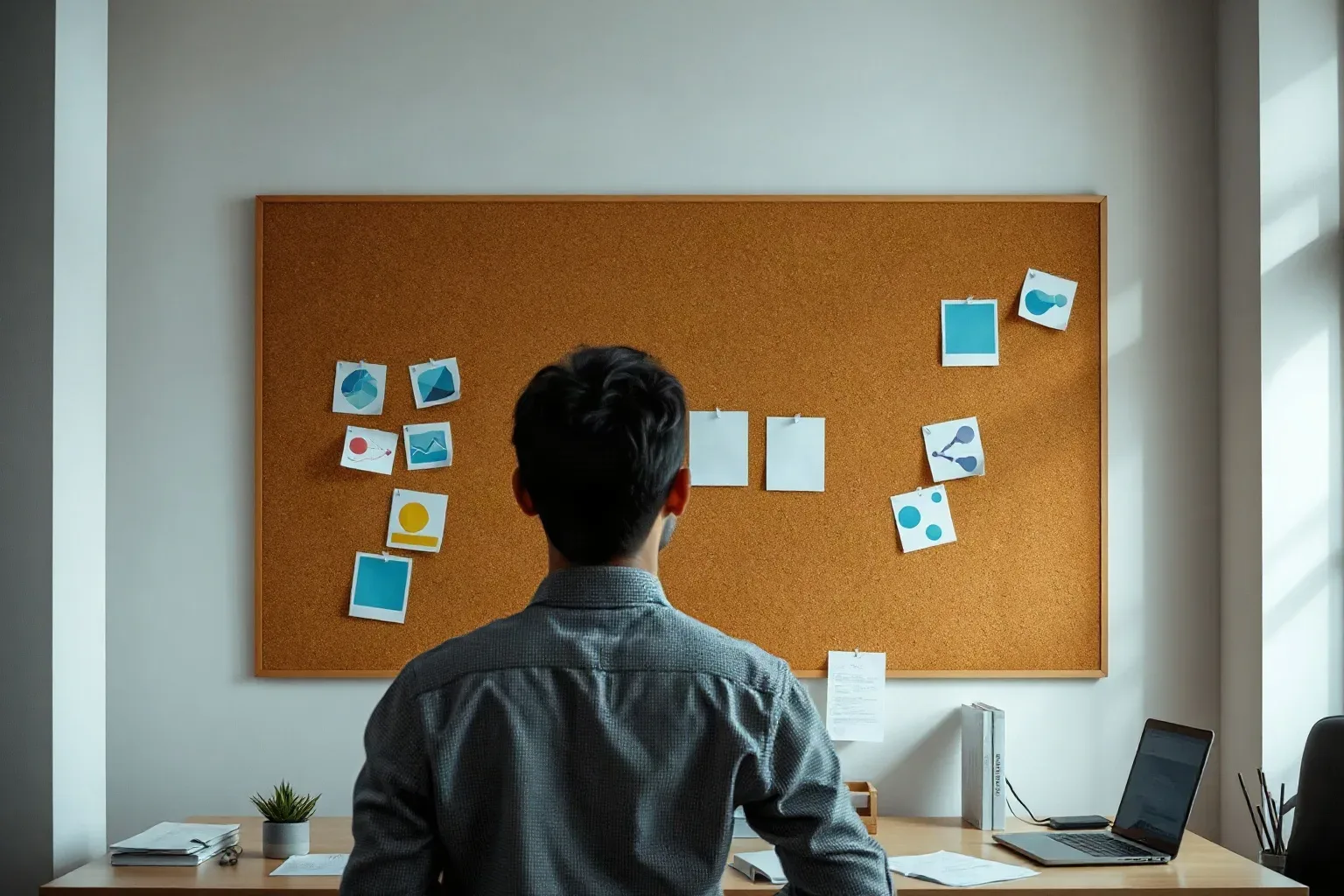 A cork board mounted above a desk