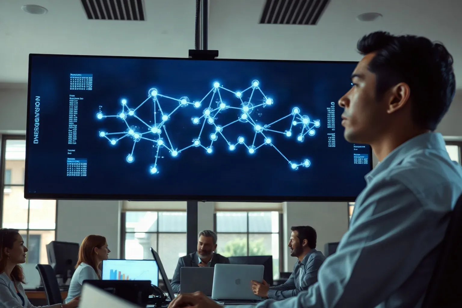 Wide monitor displaying an abstract node-and-edge link graph