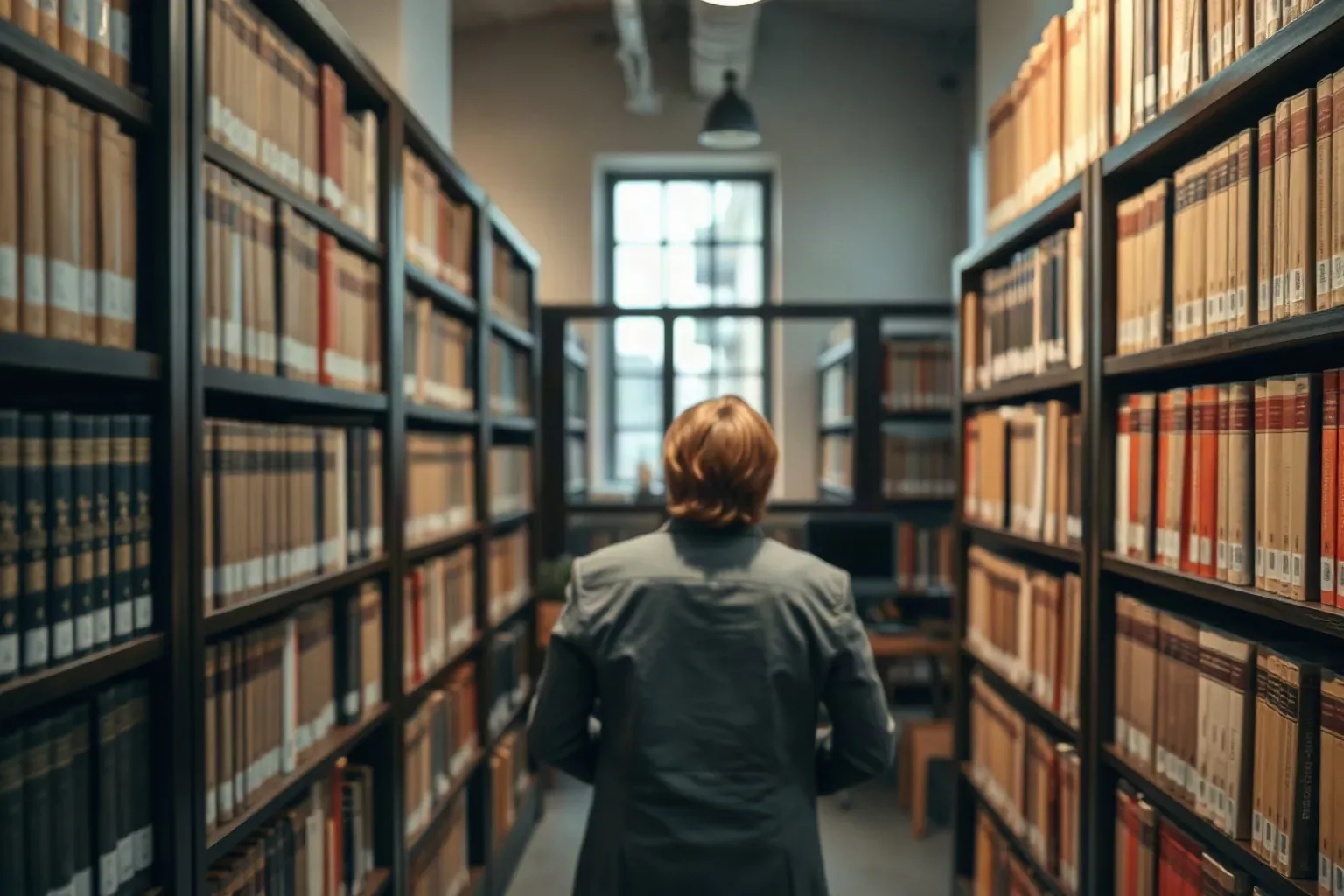 Volumes of bound reference works on dark timber shelving