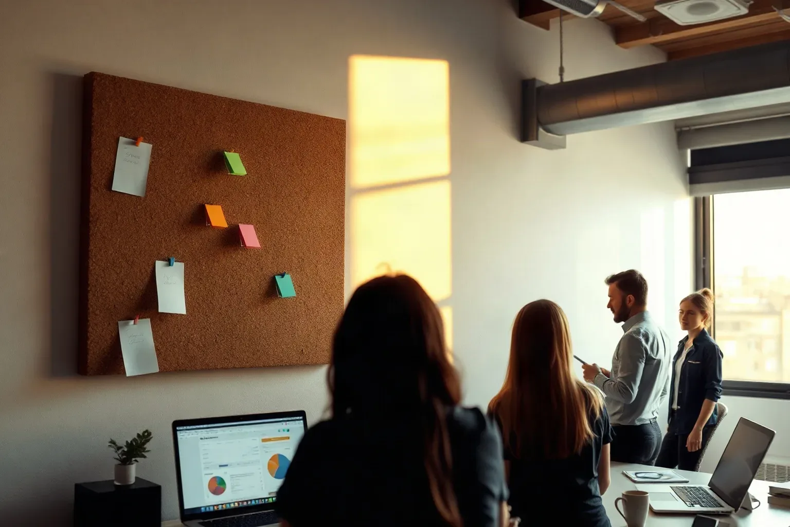 A cork board mounted above a desk